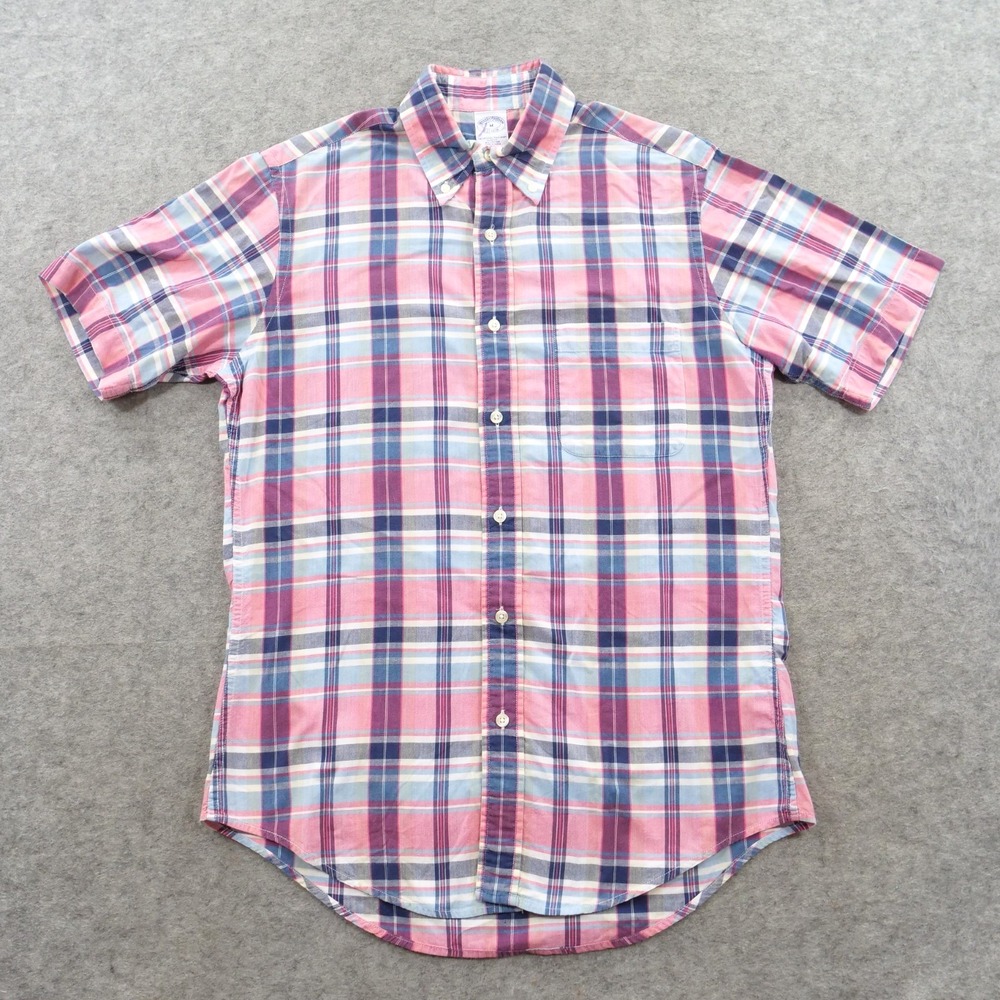 Brooks Brothers Shirt Men Medium Pink Plaid Short Sleeve Slim Fit Button Up